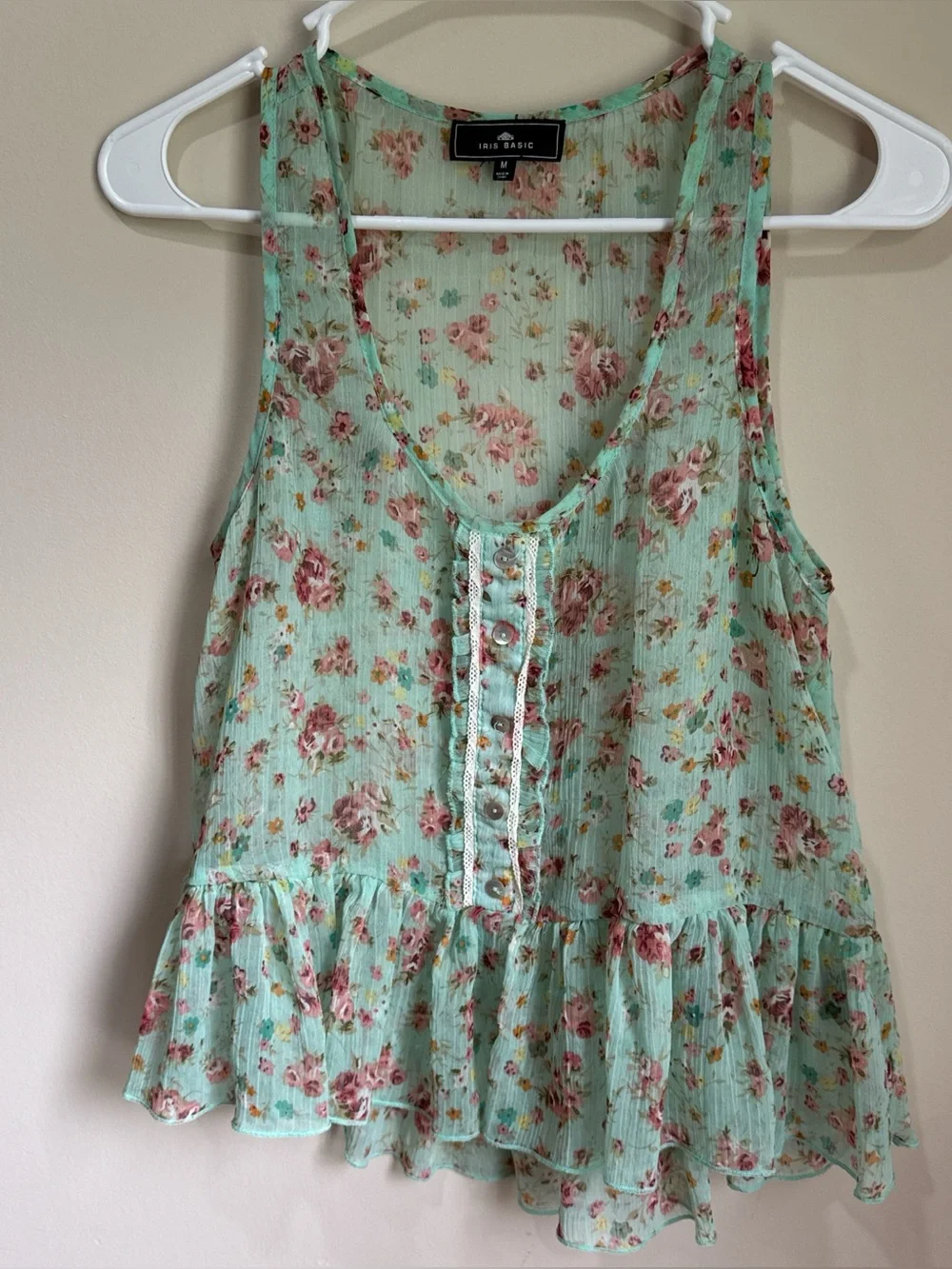 Iris Basic Mint Floral Button-Front Ruffle Tank - Picture 1 of 3